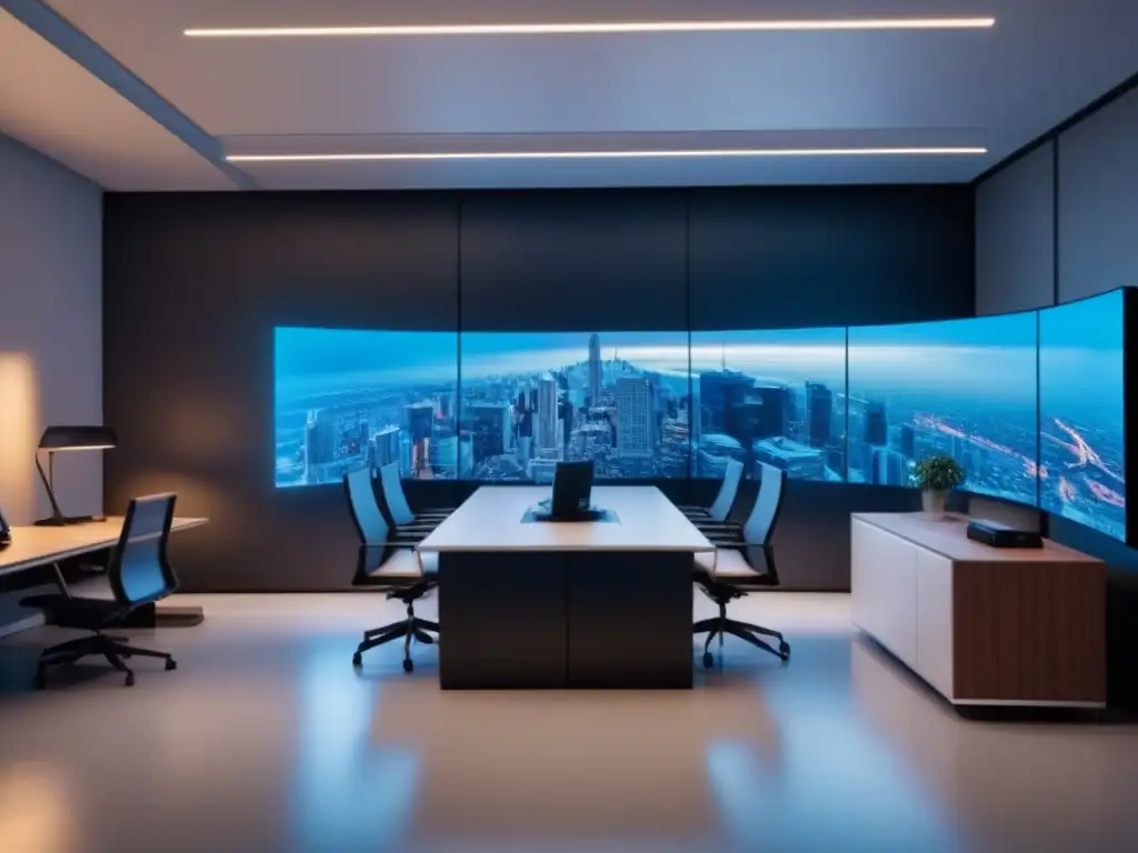 Oficina futurista de alta tecnología para asesor financiero Oficina futurista con tecnología avanzada, iluminación ambiental y ambiente profesional