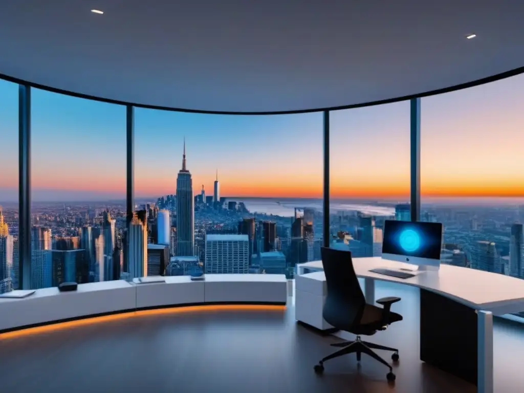 Oficina Futurista con Tecnología Proptech Una oficina futurista con tecnología Proptech para gestión inmobiliaria financiera