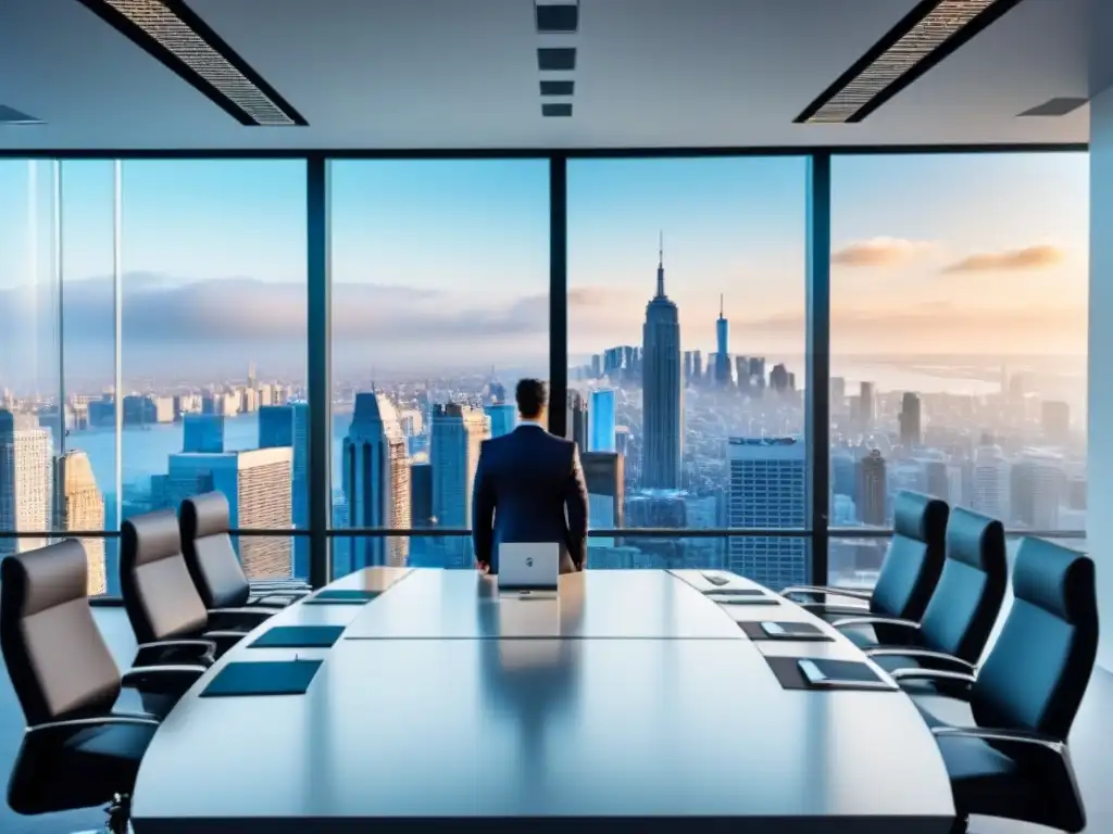 Oficina futurista con profesionales colaborando en la ciudad Oficina futurista con ventanales y tecnología avanzada