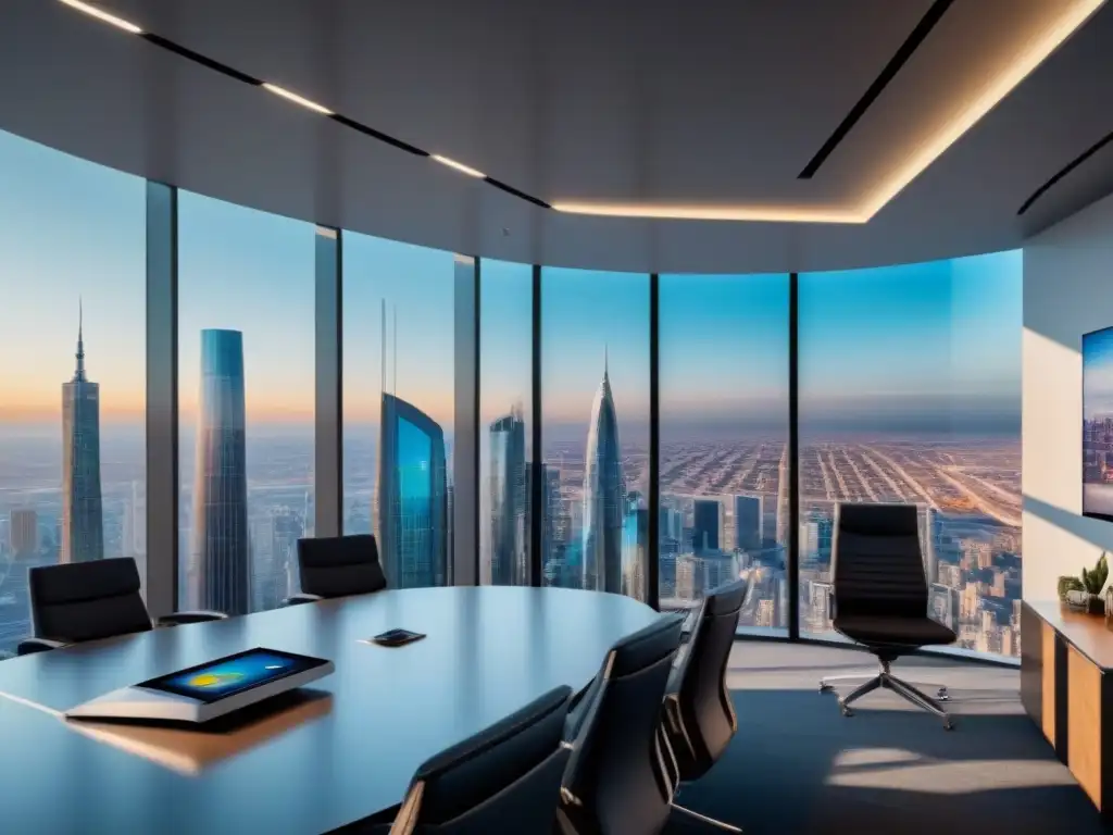 Oficina futurista con tecnología de vanguardia y arte abstracto Una oficina futurista con vista a la ciudad y productos híbridos en finanzas inmobiliarias