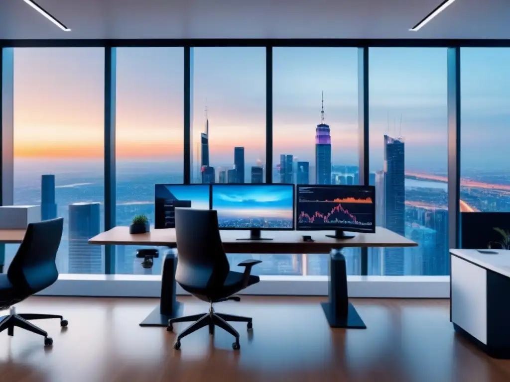 Oficina futurista con vista panorámica de la ciudad Oficina futurista con vista panorámica de la ciudad y tecnología de automatización en asesoría financiera inmobiliaria