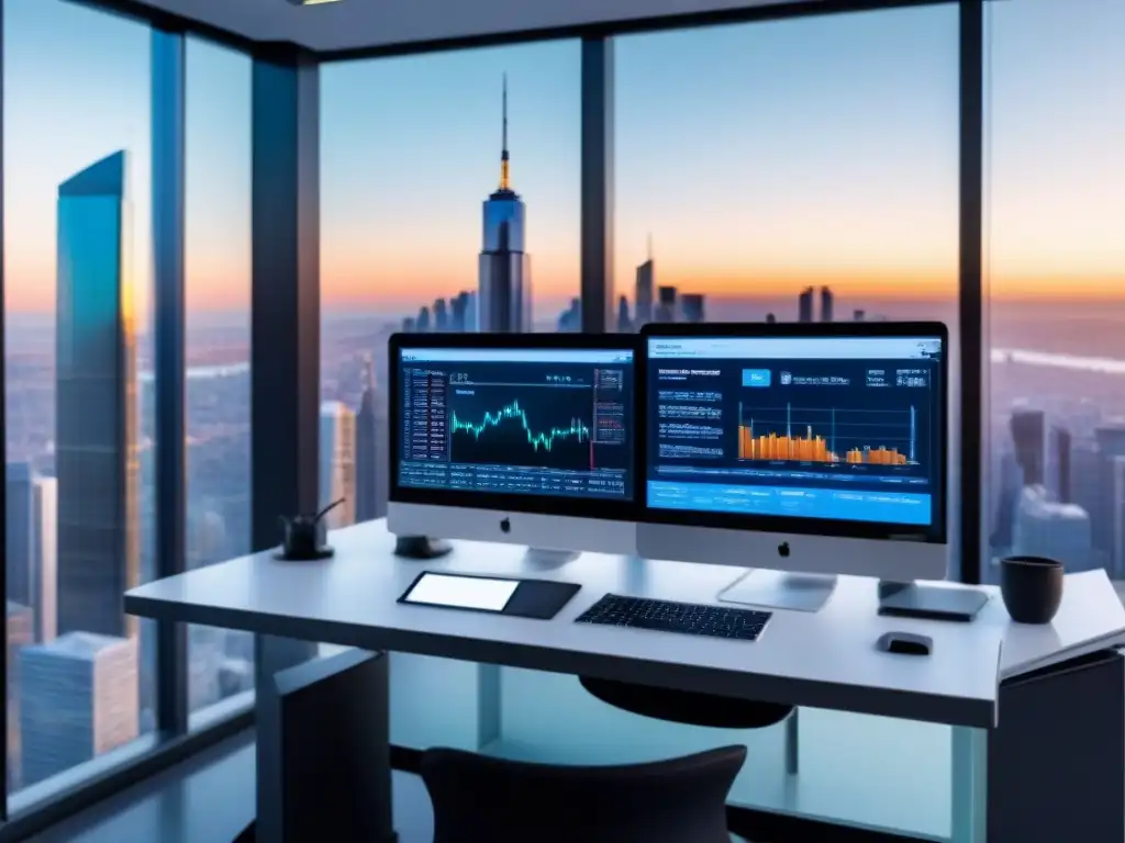 Oficina futurista con vista panorámica y tecnología fintech de vanguardia Oficina futurista con vista urbana, escritorio con laptop y gadgets fintech