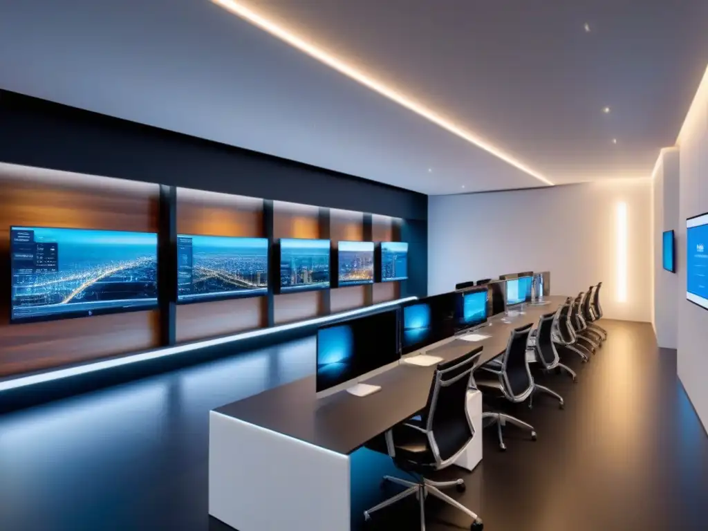 Oficina inmobiliaria del futuro: innovación y colaboración en acción Oficina inmobiliaria futurista con diseño minimalista, tecnología avanzada y profesionales analizando datos