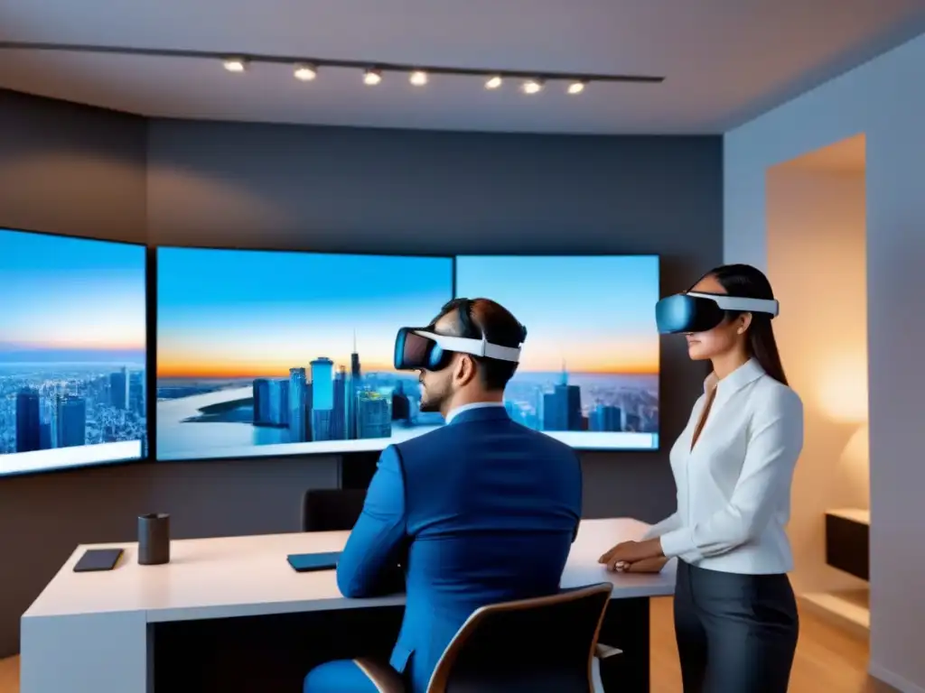 Oficina inmobiliaria futurista con realidad virtual y tecnología avanzada Oficina inmobiliaria futurista con tecnología avanzada y realidad virtual vs realidad aumentada inmobiliaria