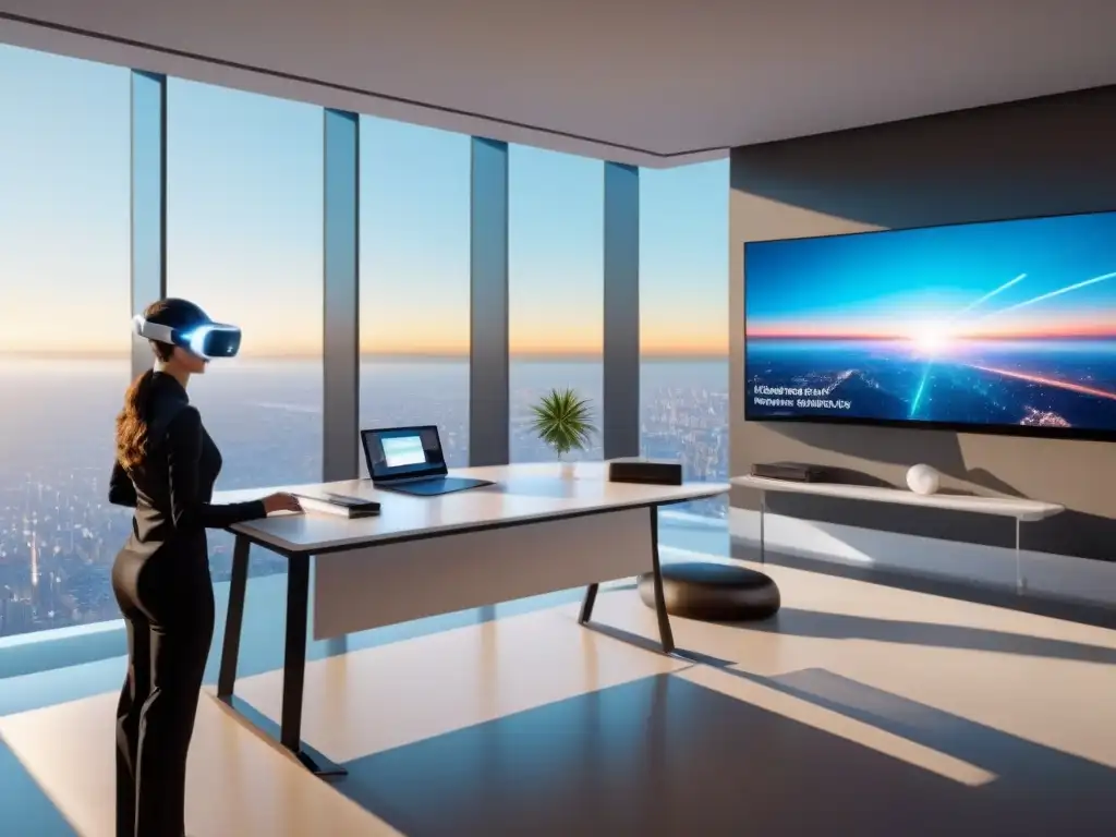 Oficina inmobiliaria futurista con tecnología de IA avanzada Oficina inmobiliaria futurista con tecnología AI avanzada, hologramas interactivos y diseño vanguardista