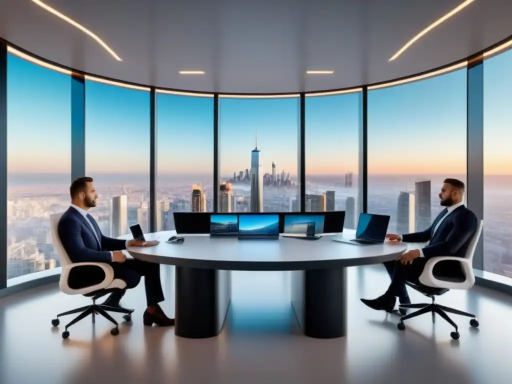 Oficina inmobiliaria futurista: innovación y eficiencia Oficina inmobiliaria futurista con tecnología avanzada y equipo diverso colaborando