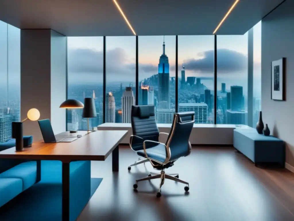 Oficina de lujo: diseño moderno y exclusivo en 8k Oficina inmobiliaria de lujo con diseño contemporáneo, tecnología de vanguardia y vista urbana