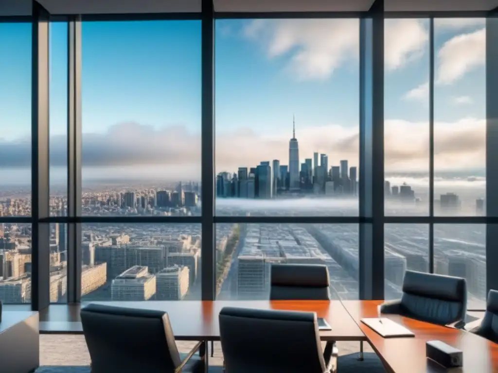 Oficina inmobiliaria de lujo con vista a la ciudad Oficina inmobiliaria de lujo con vista a la ciudad, mobiliario moderno y profesionales reunidos