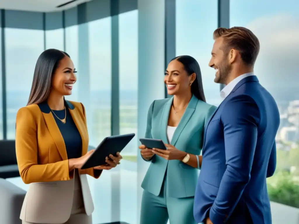 Oficina inmobiliaria moderna: agente emocional guía a pareja Una oficina inmobiliaria moderna con agente y pareja sonriente discutiendo estrategias emocionales