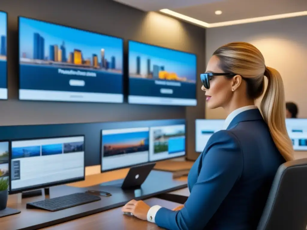 Oficina inmobiliaria moderna: estrategia social innovadora Una oficina inmobiliaria moderna con agentes y clientes en una sesión estratégica en redes sociales para afiliados inmobiliarios