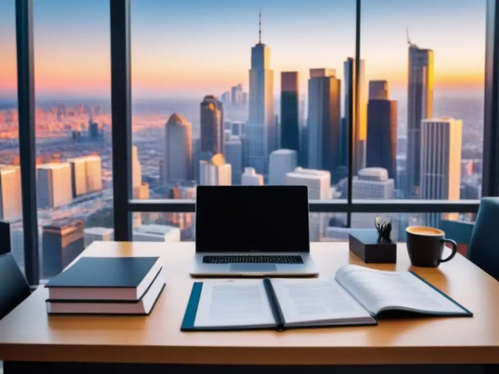 Oficina de Agente Inmobiliario: Certificaciones y Café Oficina inmobiliaria moderna con certificaciones ordenadas, laptop, café y vista panorámica urbana