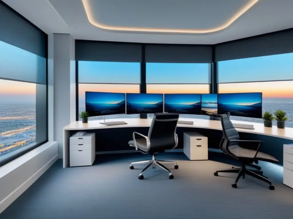 Oficina inmobiliaria moderna: eficiencia y elegancia en 8k Oficina inmobiliaria moderna y elegante con aplicaciones inmobiliarias avanzadas gestión recursos en tonos azules y grises