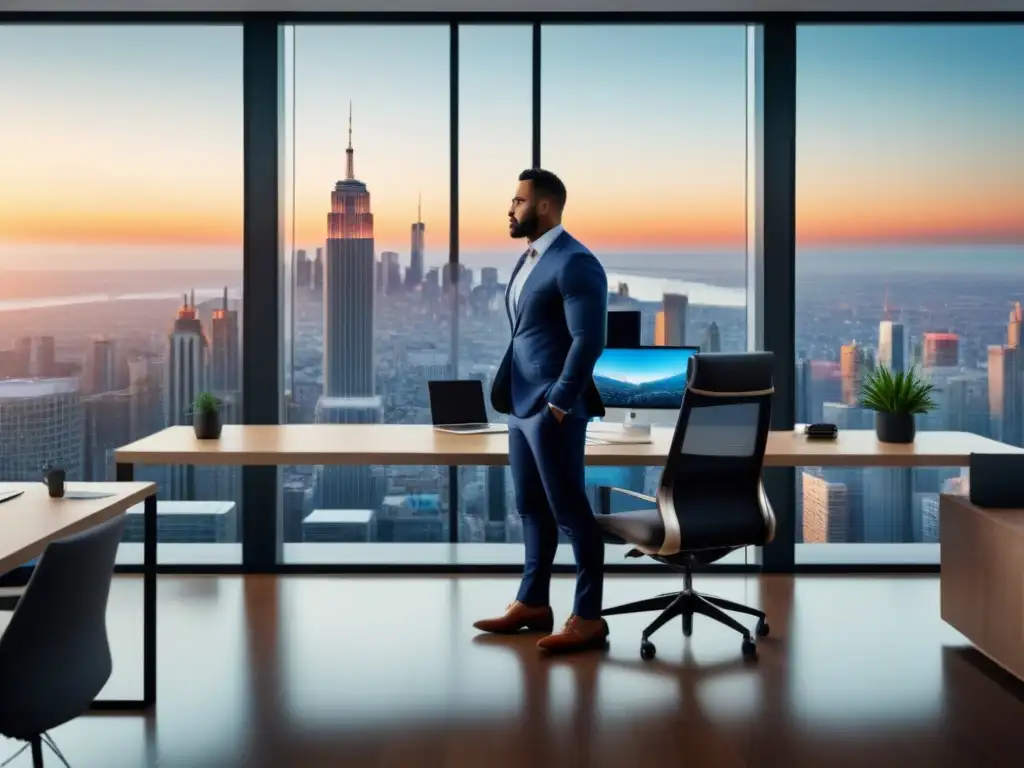 Oficina inmobiliaria moderna y sofisticada con profesionales diversos Una oficina inmobiliaria moderna y elegante con vistas a la ciudad