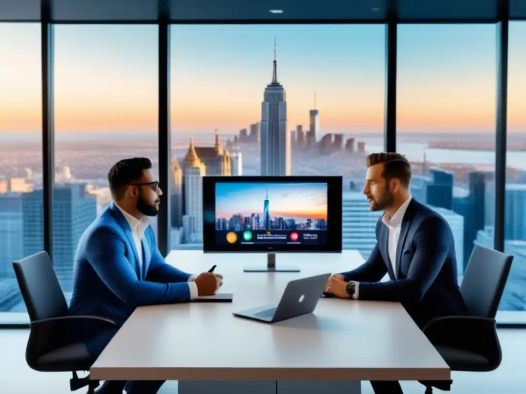 Oficina inmobiliaria moderna con equipo diverso y estrategias de video Oficina inmobiliaria moderna con equipo diverso discutiendo estrategias de promoción propiedades inmobiliarias en video