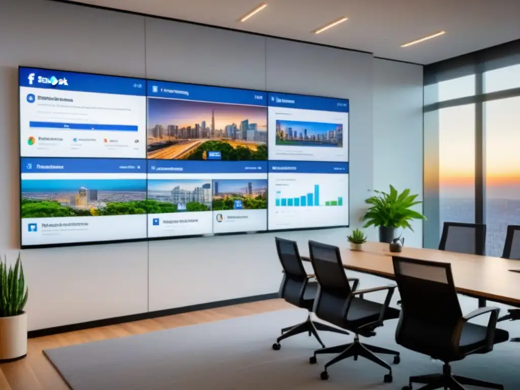 Oficina inmobiliaria moderna: equipo diverso en estrategias digitales Oficina inmobiliaria moderna con equipo diverso trabajando en estrategia de publicidad en Facebook, con mobiliario contemporáneo y vista a la ciudad