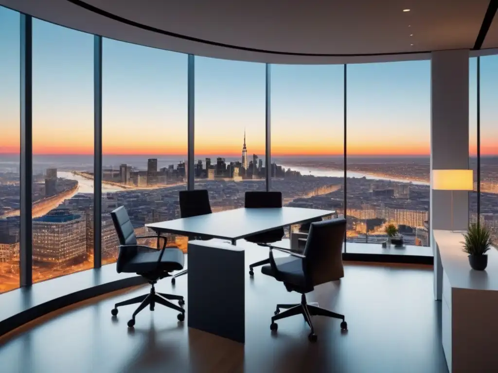 Oficina inmobiliaria moderna con vista a la ciudad Oficina inmobiliaria moderna con estrategias retargeting mercado inmobiliario en pantalla, decoración minimalista y vistas panorámicas de la ciudad