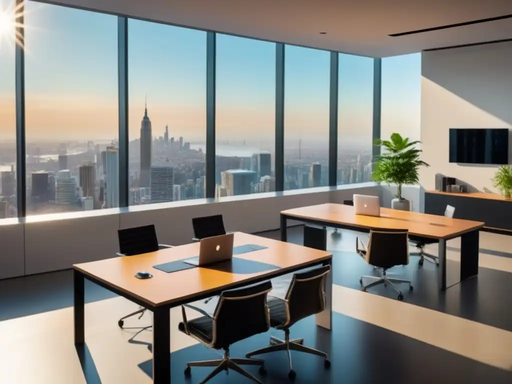 Oficina moderna con vista panorámica y ambiente colaborativo Oficina inmobiliaria moderna con estrategias marketing contenidos sector inmobiliario