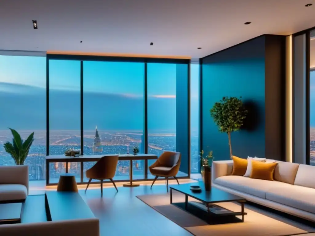 Oficina inmobiliaria de lujo con tecnología innovadora y diseño sofisticado Oficina inmobiliaria moderna y lujosa con tecnología avanzada y chatbots multilingües