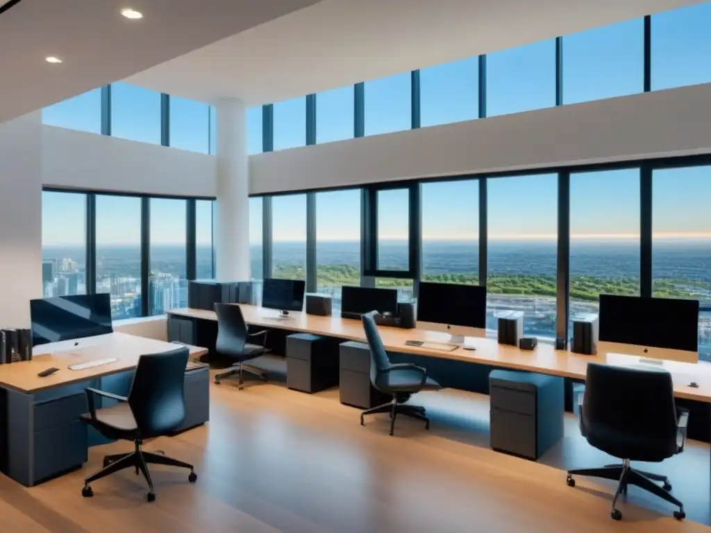 Oficina inmobiliaria moderna y eficiente: 8K detallado Oficina inmobiliaria moderna con luz natural y estaciones de trabajo elegantes
