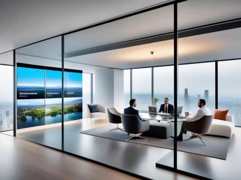 Oficina inmobiliaria moderna y transparente: innovación y profesionalismo Oficina inmobiliaria moderna con paredes de vidrio, muebles contemporáneos y profesionales discutiendo