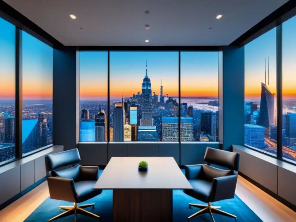 Oficina inmobiliaria de lujo con vistas a la ciudad y tecnología avanzada Oficina inmobiliaria moderna con plataforma integrada de préstamos, vista panorámica y mobiliario minimalista en tonos blancos y azules