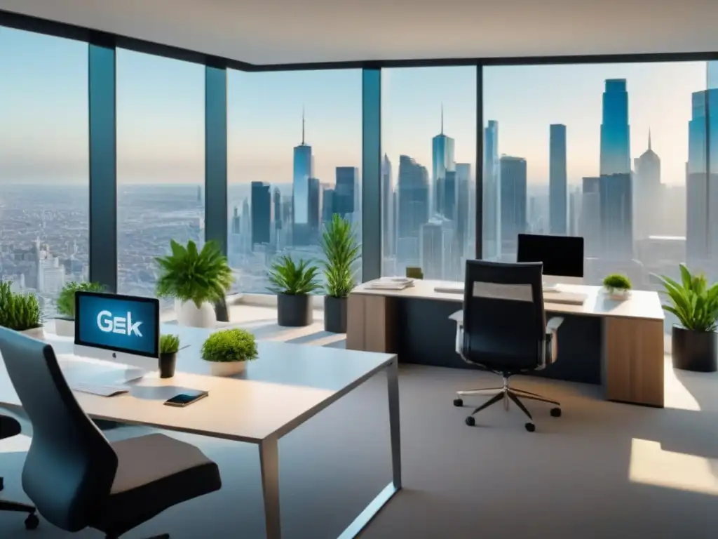 Oficina inmobiliaria moderna y sofisticada con vista panorámica Oficina inmobiliaria moderna con profesionales discutiendo plataformas integradas préstamos inmobiliarios
