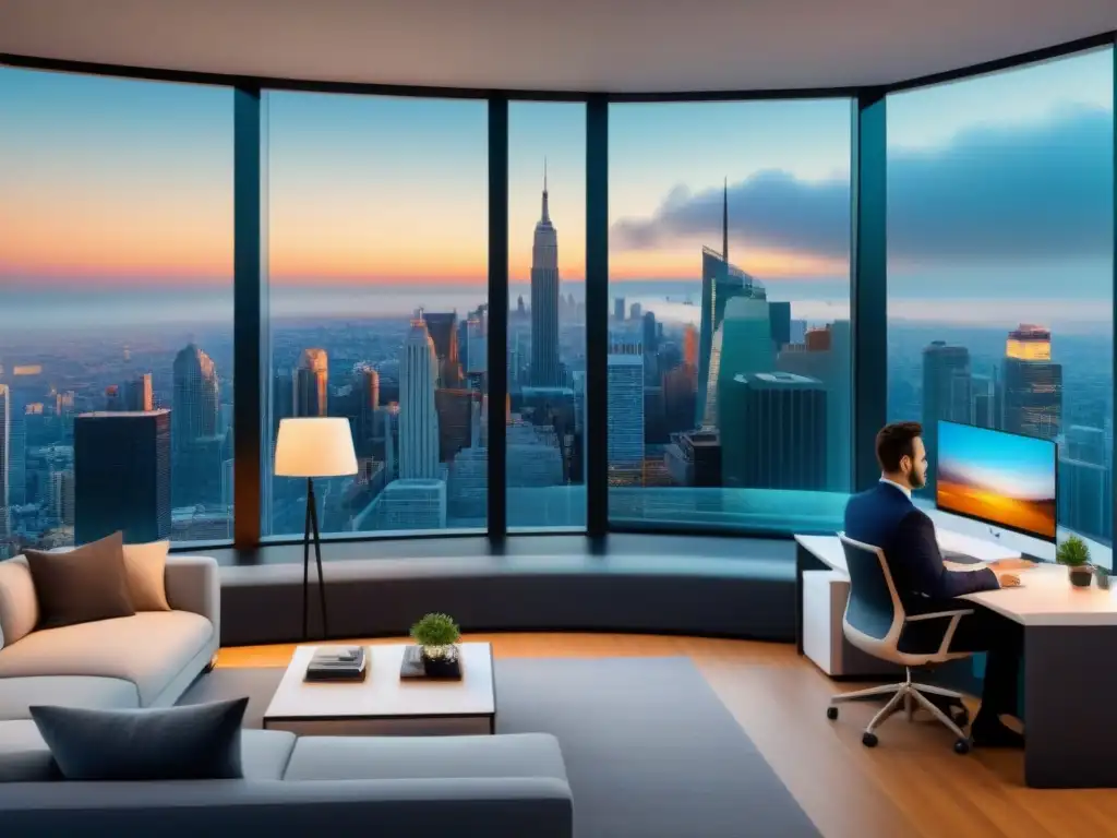 Oficina inmobiliaria moderna: eficiencia y tecnología de vanguardia Oficina inmobiliaria moderna con profesionales y chatbot integrado