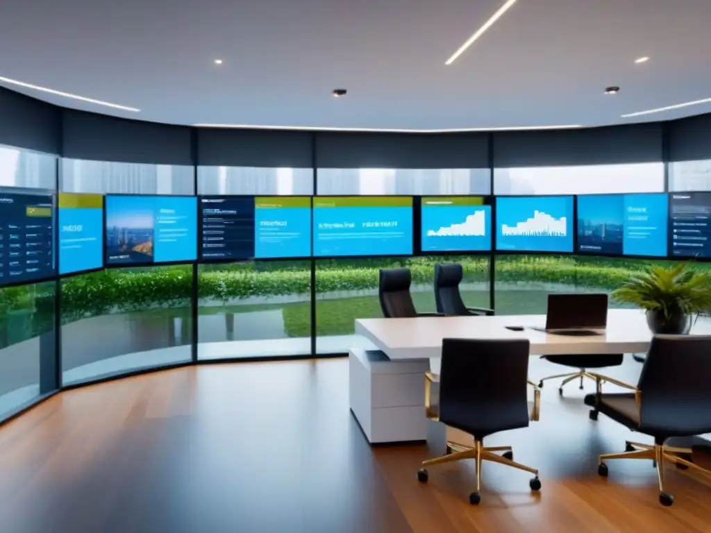 Oficina inmobiliaria moderna: profesionales en reunión innovadora Oficina inmobiliaria moderna con profesionales discutiendo en ambiente innovador