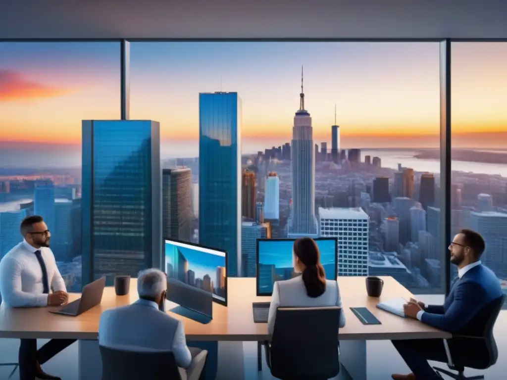 Oficina de seguros innovadora en ciudad vibrante Oficina inmobiliaria moderna con seguros para mercado inmobiliario