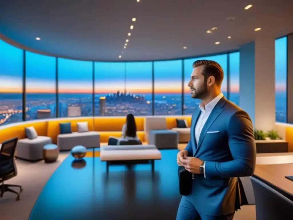 Oficina inmobiliaria moderna: innovación y profesionalismo Oficina inmobiliaria moderna y sofisticada con agentes y clientes, reflejando estrategias inbound marketing sector inmobiliario