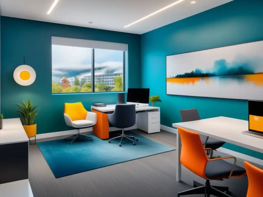 Oficina inmobiliaria moderna: diseño elegante y colores vibrantes Una oficina inmobiliaria moderna y sofisticada con diseño elegante y colores estratégicos