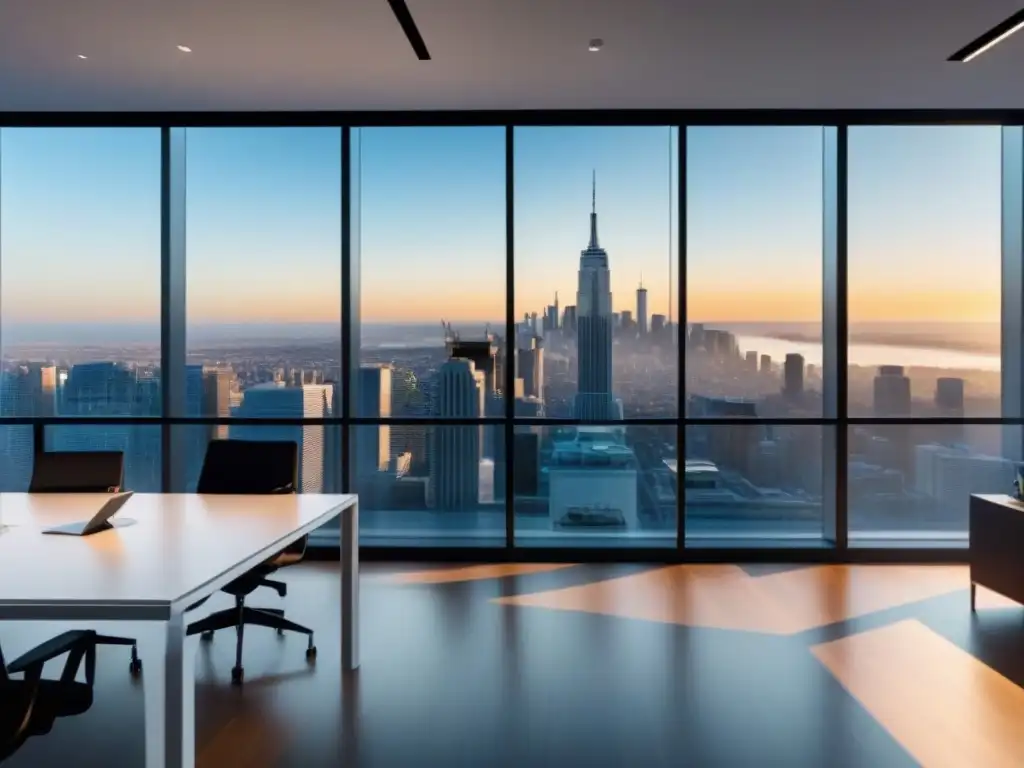 Oficina inmobiliaria moderna y sofisticada con vistas urbanas en 8k Oficina inmobiliaria moderna con vista a la ciudad, muebles contemporáneos y pantalla digital