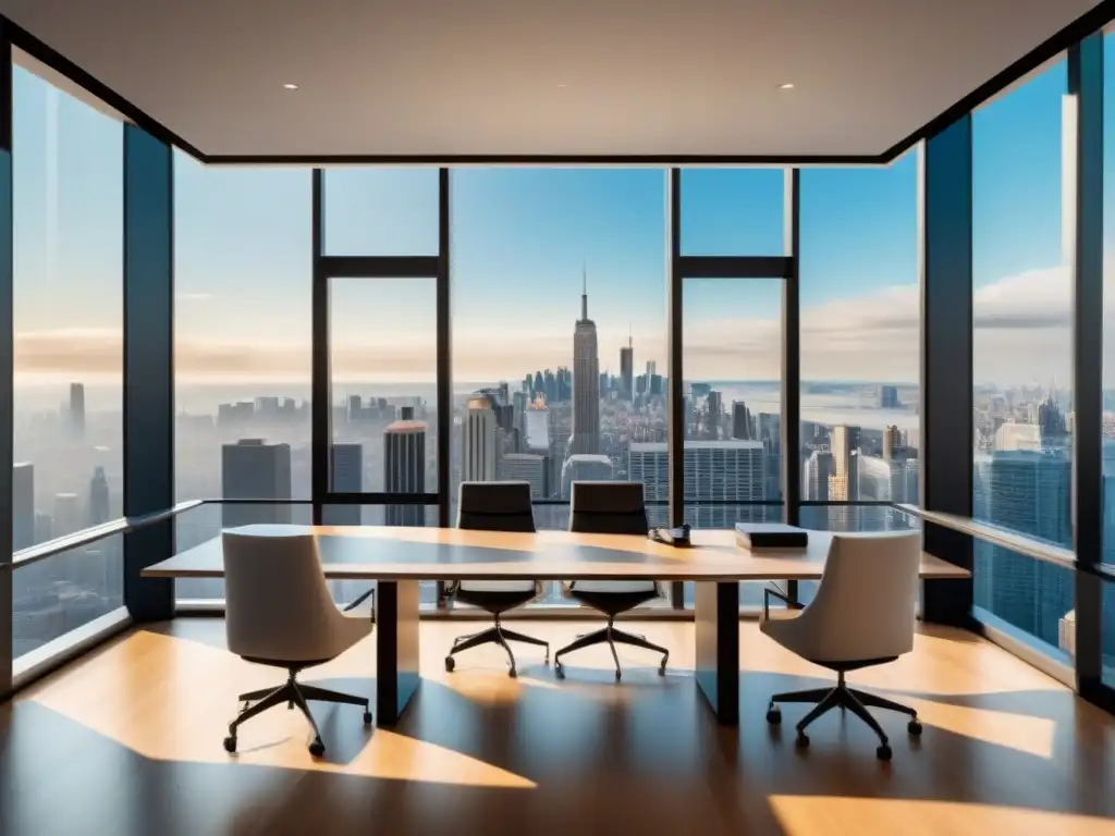 Oficina inmobiliaria moderna con vista panorámica urbana Oficina inmobiliaria moderna con vista a la ciudad, profesionales diversificados analizan estrategias de optimización