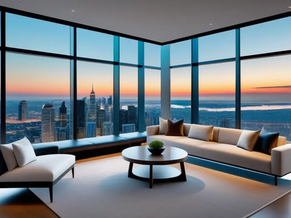 Lobby inmobiliario de lujo en ciudad vibrante Oficina inmobiliaria moderna con vista panorámica a la ciudad