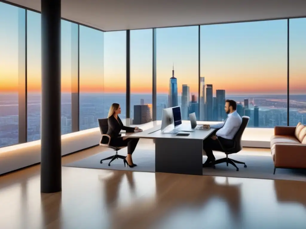 Oficina inmobiliaria moderna y sofisticada con vista panorámica Oficina inmobiliaria moderna con vista a la ciudad, elegante y sofisticada, agentes discuten estrategias precios sector inmobiliario