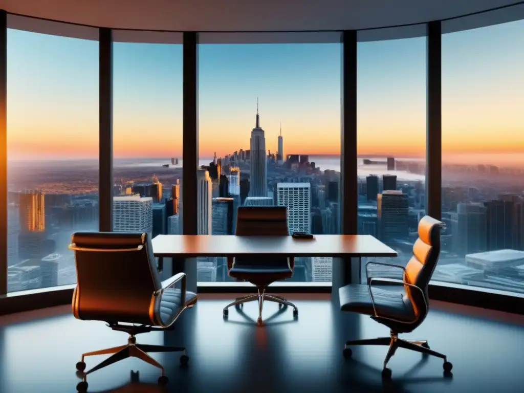 Oficina inmobiliaria moderna con vista panorámica de la ciudad Oficina inmobiliaria moderna con vista panorámica de la ciudad, equipo profesional en discusión, diseño sofisticado