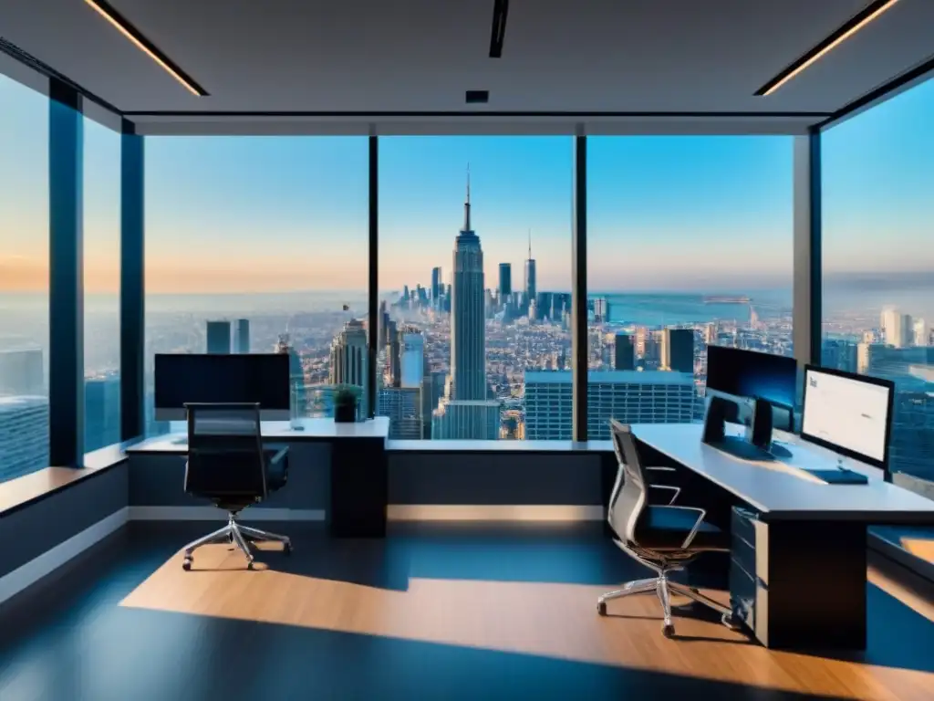 Oficina inmobiliaria futurista con vistas a la ciudad Oficina inmobiliaria moderna con vista a la ciudad y equipamiento de video, reflejando estrategias de video marketing inmobiliario