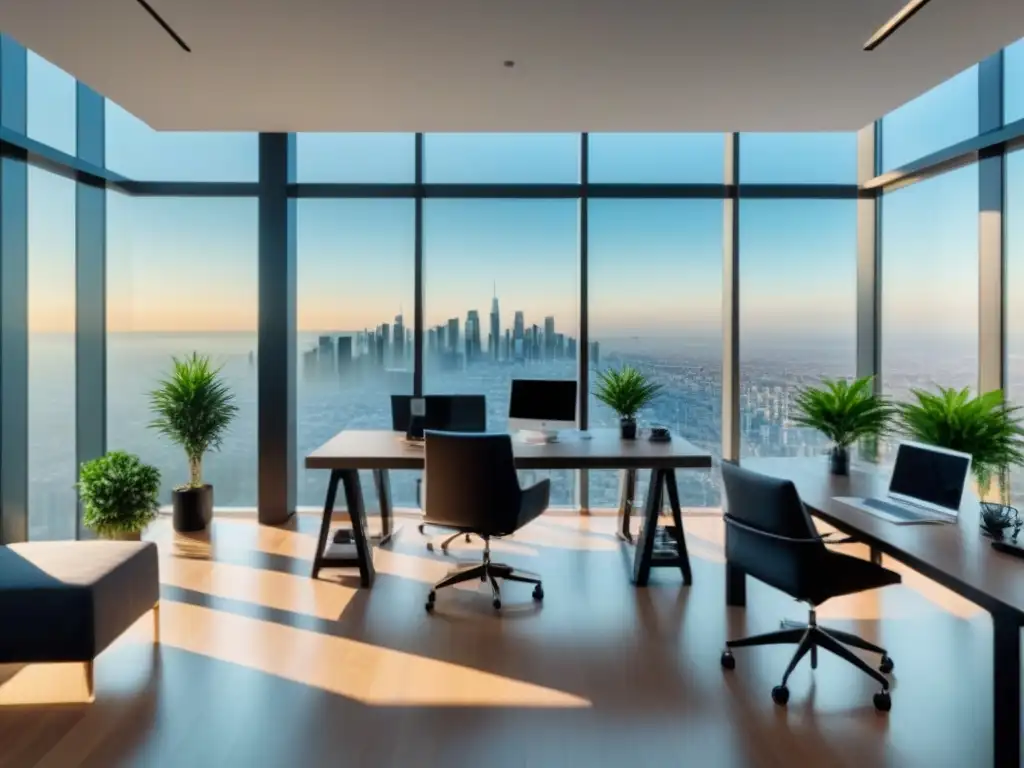 Oficina inmobiliaria moderna y sofisticada con vista panorámica urbana Oficina inmobiliaria moderna con vista panorámica a la ciudad