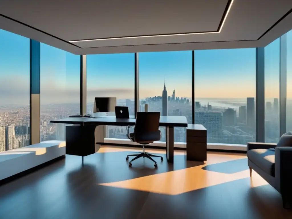 Oficina inmobiliaria moderna con vista a la ciudad, elegante decoración y tecnología de vanguardia