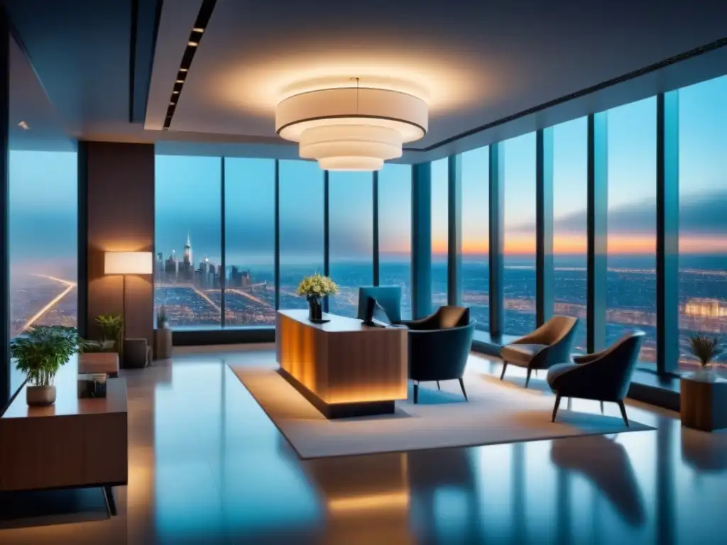 Oficina inmobiliaria moderna y elegante con vistas a la ciudad Oficina inmobiliaria moderna con vista a la ciudad, mobiliario elegante y cálido, ideal para fidelización de clientes en inmobiliaria