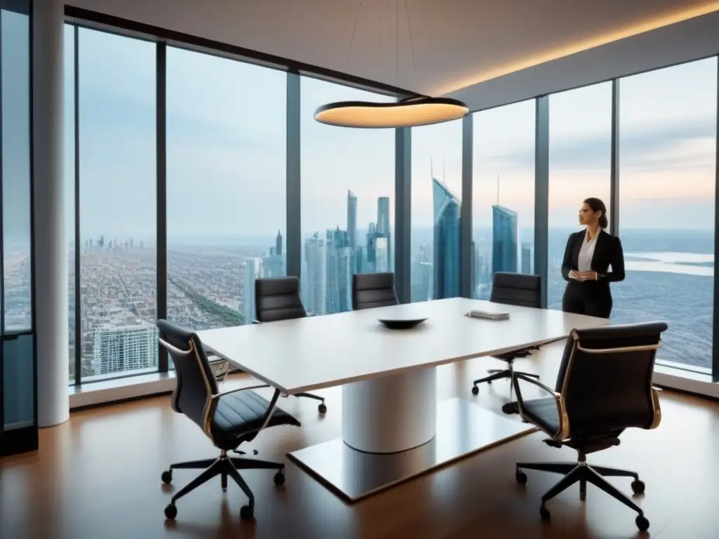 Oficina inmobiliaria de lujo: innovación y éxito en 2023 Una oficina inmobiliaria moderna con vista panorámica a la ciudad