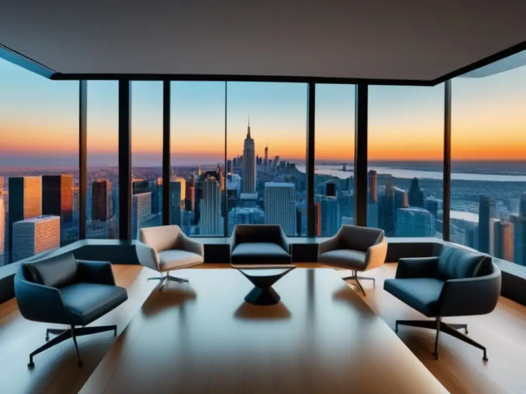 Oficina inmobiliaria moderna: profesionales y tecnología Una oficina inmobiliaria moderna con vista a la ciudad, profesionales y clientes colaborando con las mejores aplicaciones de gestión inmobiliaria