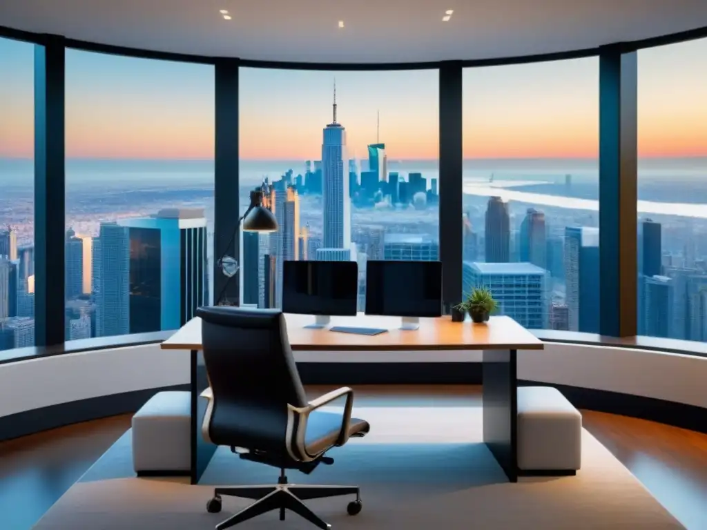 Oficina inmobiliaria moderna: tecnología y estrategias en la ciudad Oficina inmobiliaria moderna con vista panorámica a la ciudad, tecnología de vanguardia y equipo discutiendo estrategias de redes sociales