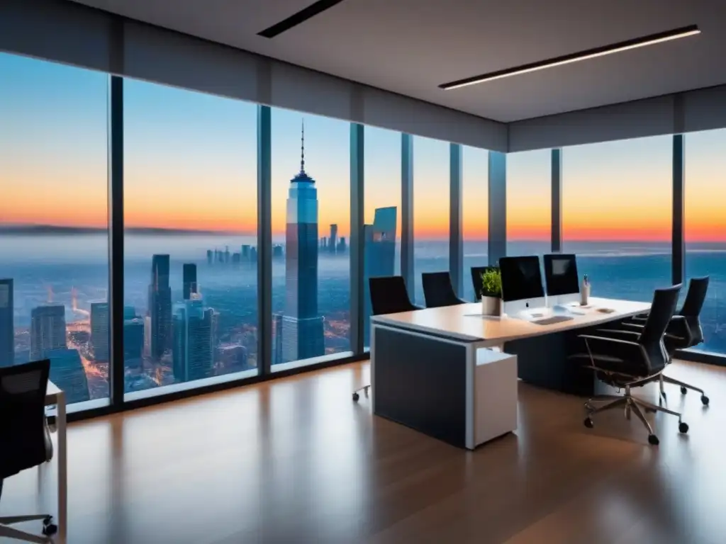 Oficina inmobiliaria moderna con vistas panorámicas a la ciudad Oficina inmobiliaria moderna con vista panorámica de la ciudad