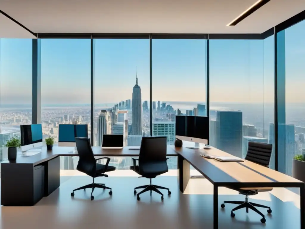 Oficina inmobiliaria moderna con vista panorámica de la ciudad y profesionales colaborando, ideal para estrategias de content marketing inmobiliario