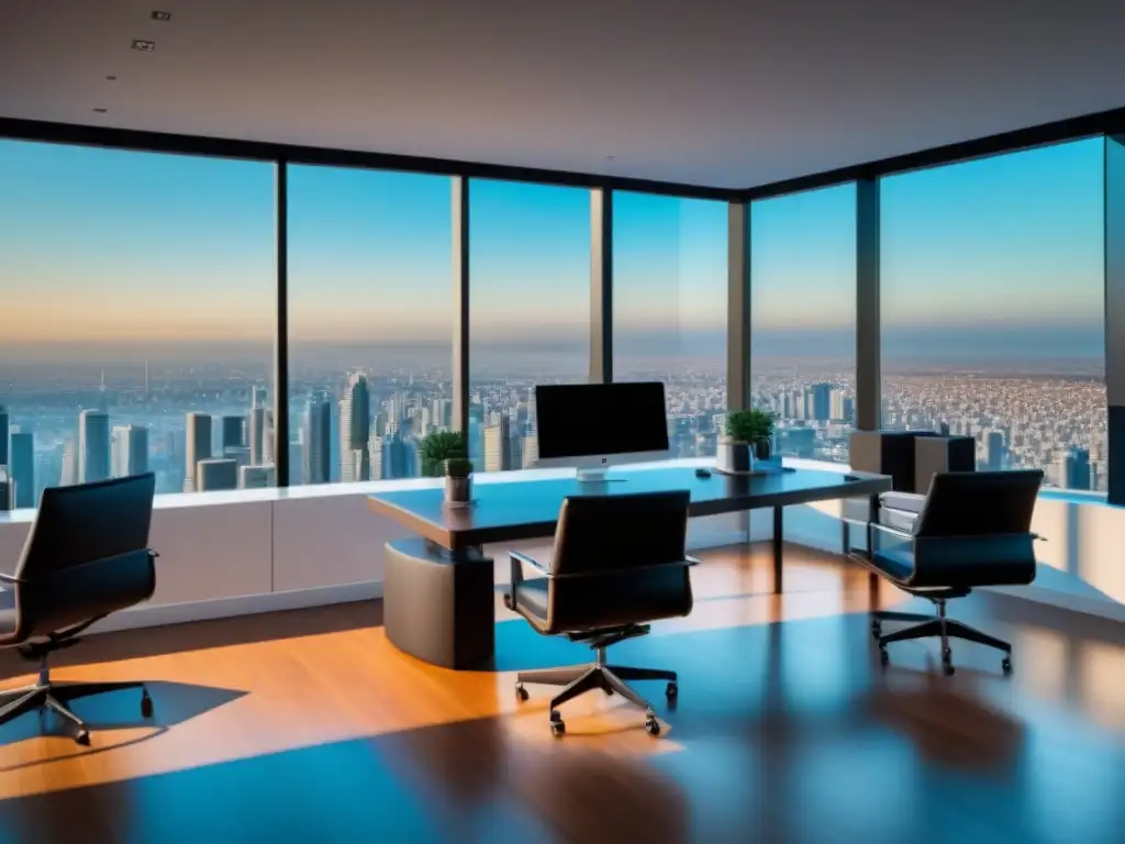 Oficina inmobiliaria moderna y elegante en la ciudad Oficina inmobiliaria moderna con vista panorámica de la ciudad, muebles elegantes y profesionales discutiendo