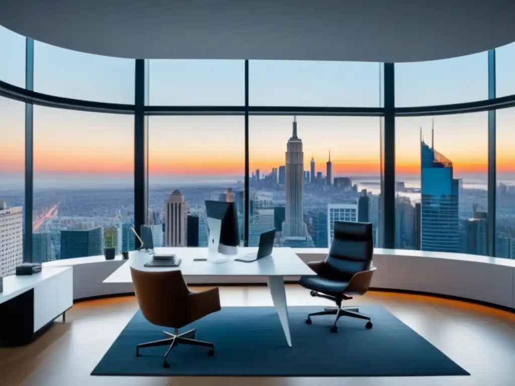 Oficina inmobiliaria moderna con vista panorámica de la ciudad