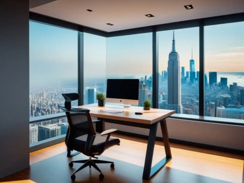 Oficina inmobiliaria de diseño moderno en 8k Ultra HD Oficina inmobiliaria moderna con vistas a la ciudad, ideal para publicidad en Facebook para inmobiliarias