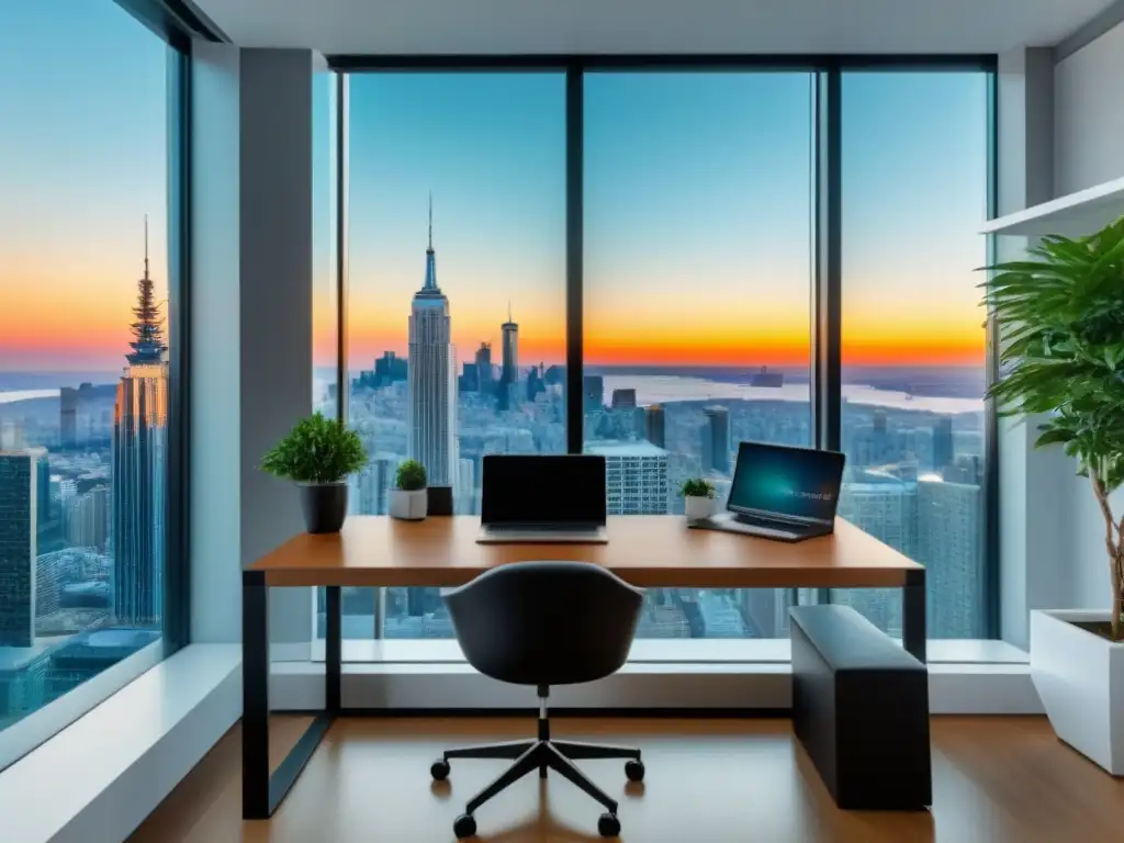 Oficina de inversor inmobiliario: éxito y sofisticación Oficina de inversor en bienes raíces principiantes con estilo moderno y tecnológico, libros, vista a la ciudad y plantas vibrantes