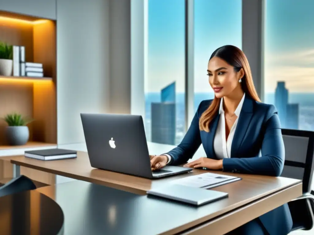 Oficina de lujo para agente inmobiliario top: elegancia y éxito Oficina de lujo con agente inmobiliario revisando listados en pantalla de alta resolución